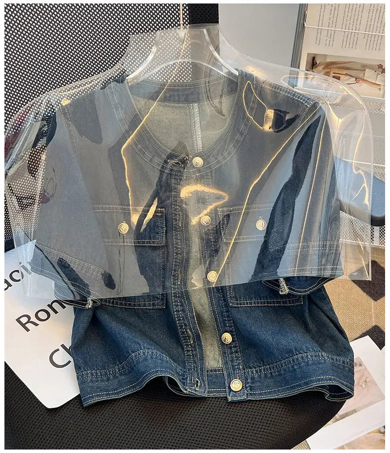 Women's Short Sleeve Denim Cropped Jacket