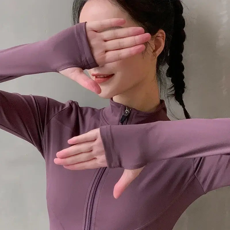 Women Zipper Yoga Running Jacket with Thumb Holes