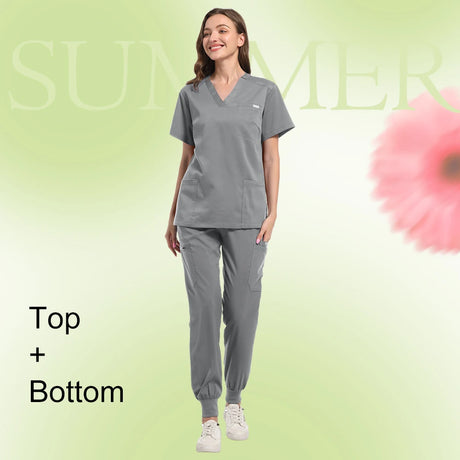 Women's gray multicolor scrub set with short sleeve top and pants, perfect for summer use in clinics and salons.