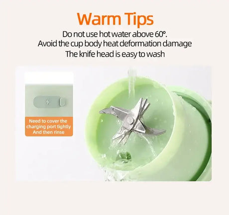 Warm tips for using the Wireless Portable Juicing Bucket, highlighting safe temperature and cleaning instructions.