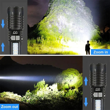 Heinast rechargeable COB flashlight shown in use, demonstrating adjustable focus with strong light beam in outdoor setting.