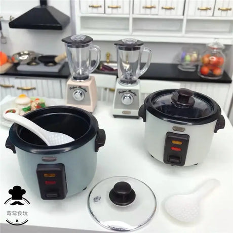 Miniature cooking appliances set including rice cooker and blenders, perfect for realistic dollhouse kitchens.