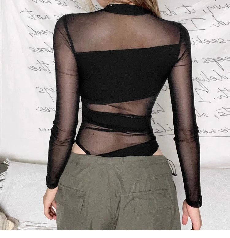 Women Hollow Mesh Club Bodysuit