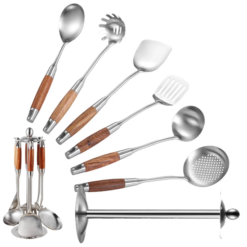 7-Piece Stainless Steel Utensil Set with Wooden Handle