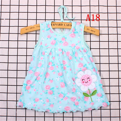 Newborn girls' cotton floral sleeveless dress in light blue with flower design, perfect for summer wear.