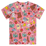 Colorful women's hospital nurse scrubs featuring cute bear and flower patterns on a pink background.