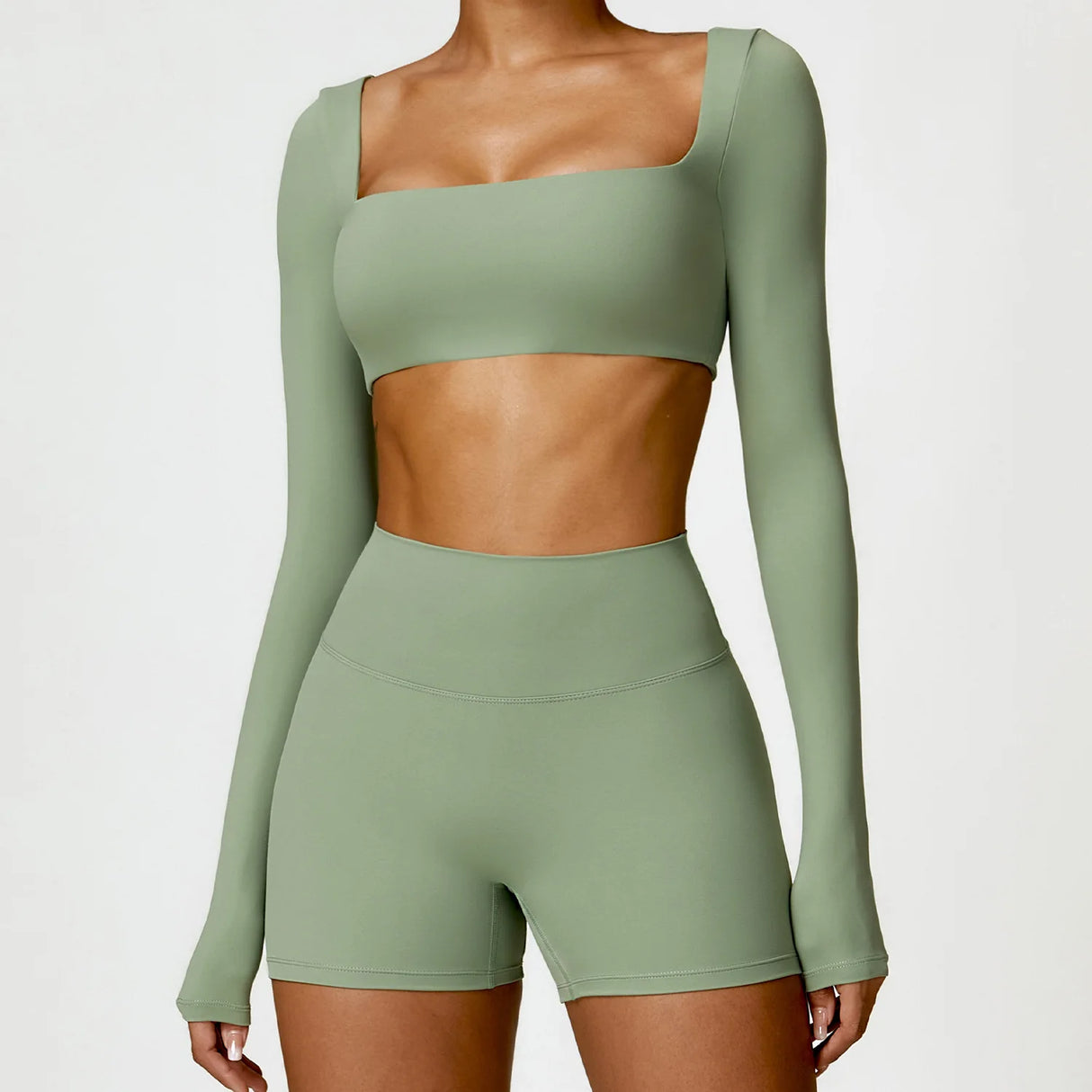 Women's Seamless Long Sleeve Yoga Crop Top – Quick-Dry Square Neck Gym Shirt
