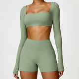 Women's Seamless Long Sleeve Yoga Crop Top – Quick-Dry Square Neck Gym Shirt