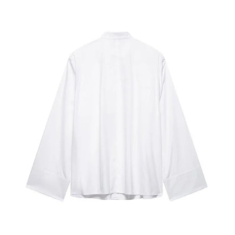Back view of the EmbroiChic™ elegant white long sleeve embroidery shirt for women, featuring a stand collar and regular fit.