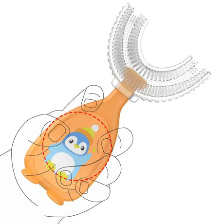 Baby penguin-shaped silicone toothbrush designed for infants, promoting oral hygiene with soft bristles and an ergonomic grip.