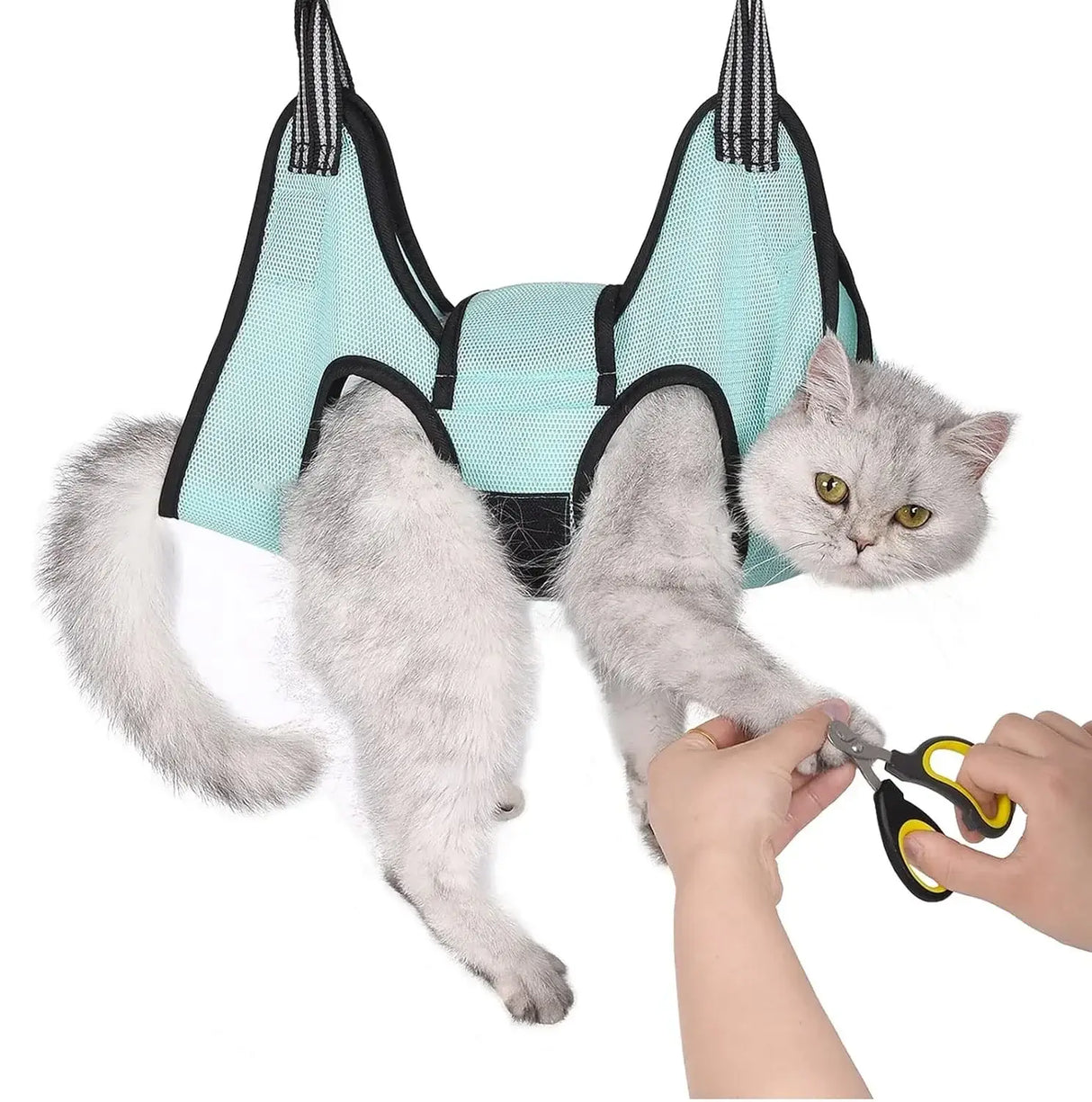 TONG Pet Cat Grooming Hammock in use, holding a cat for claw care with scissors. Ideal for grooming and nail trimming.