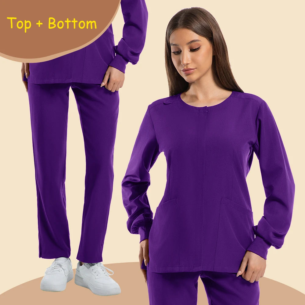 Women’s long sleeve purple jogging style surgery scrubs set, featuring breathable fabric and pockets,