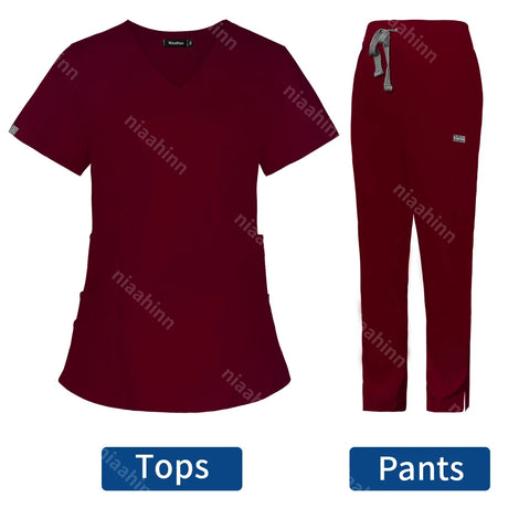 Solid color burgundy veterinary workwear scrub set featuring tops and pants for women.