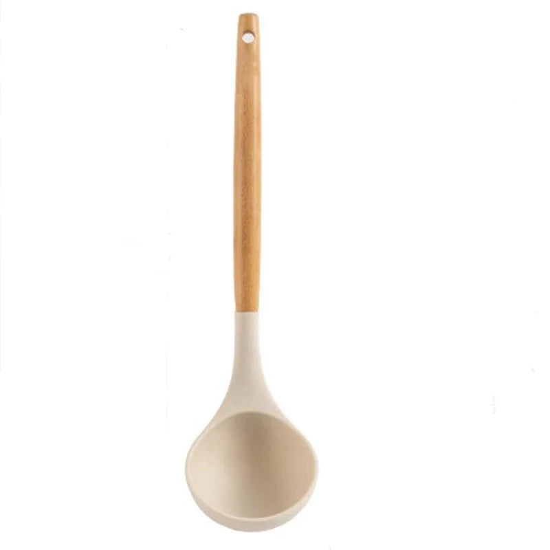 Silicone Cooking Utensil Set with Wooden Handle