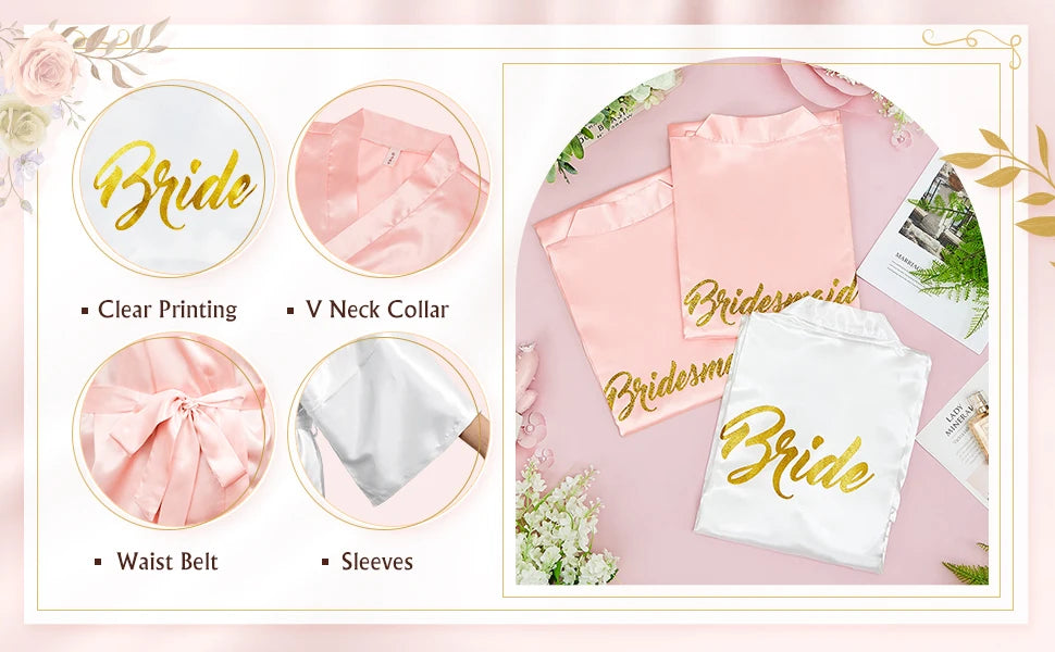 Features of 10-Piece Bride Kimono Robe Set including clear printing, V neck collar, waist belt, and sleeves.