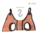 TONG Pet Cat Grooming Hammock in orange, includes two hooks for easy claw care and comfort during grooming.