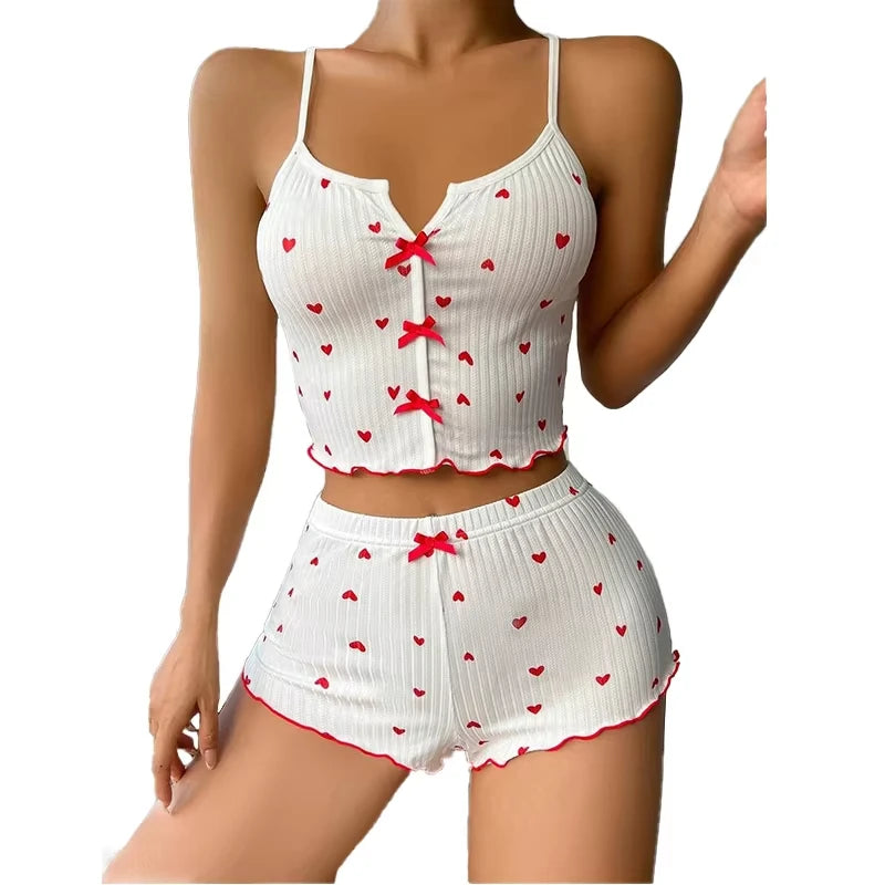 Women Heart Print Silk Pajamas