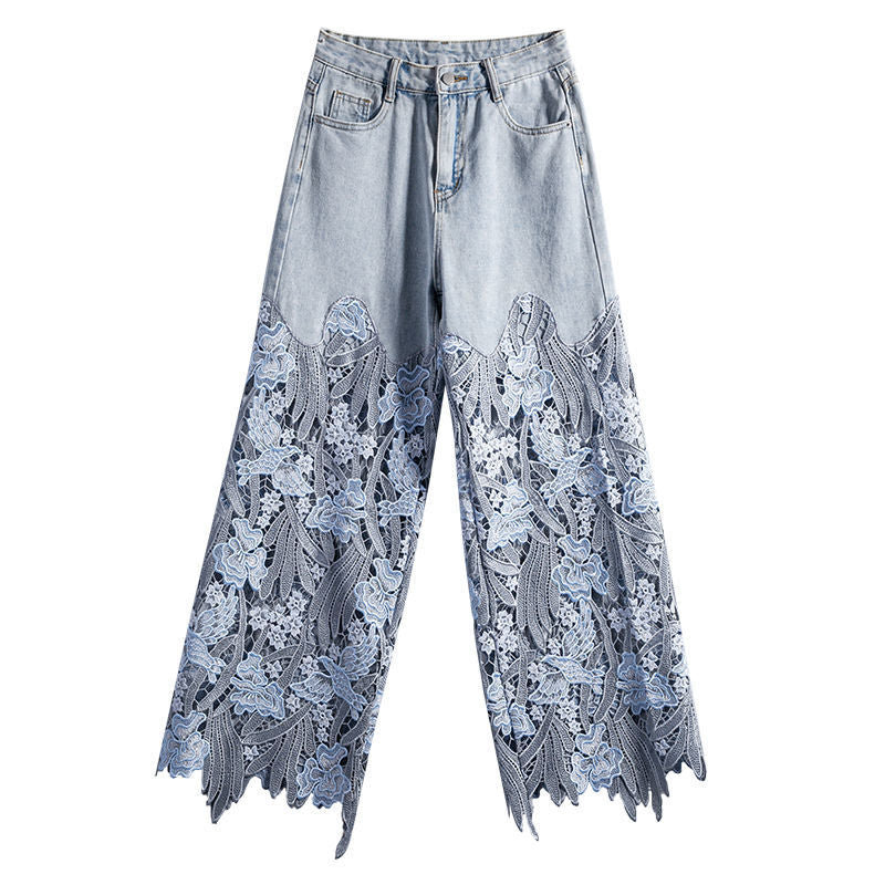 Women Floral Hollow Out Vintage Jeans
