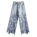 Women Floral Hollow Out Vintage Jeans