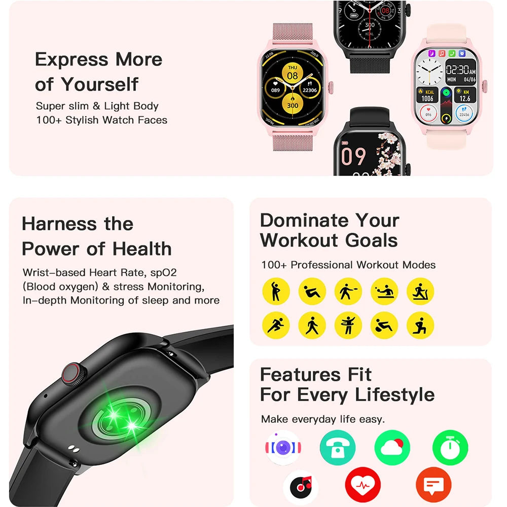 LEMFOMT10 Smart Watch showcasing features like fitness tracking, health monitoring, and customizable stylish watch faces.
