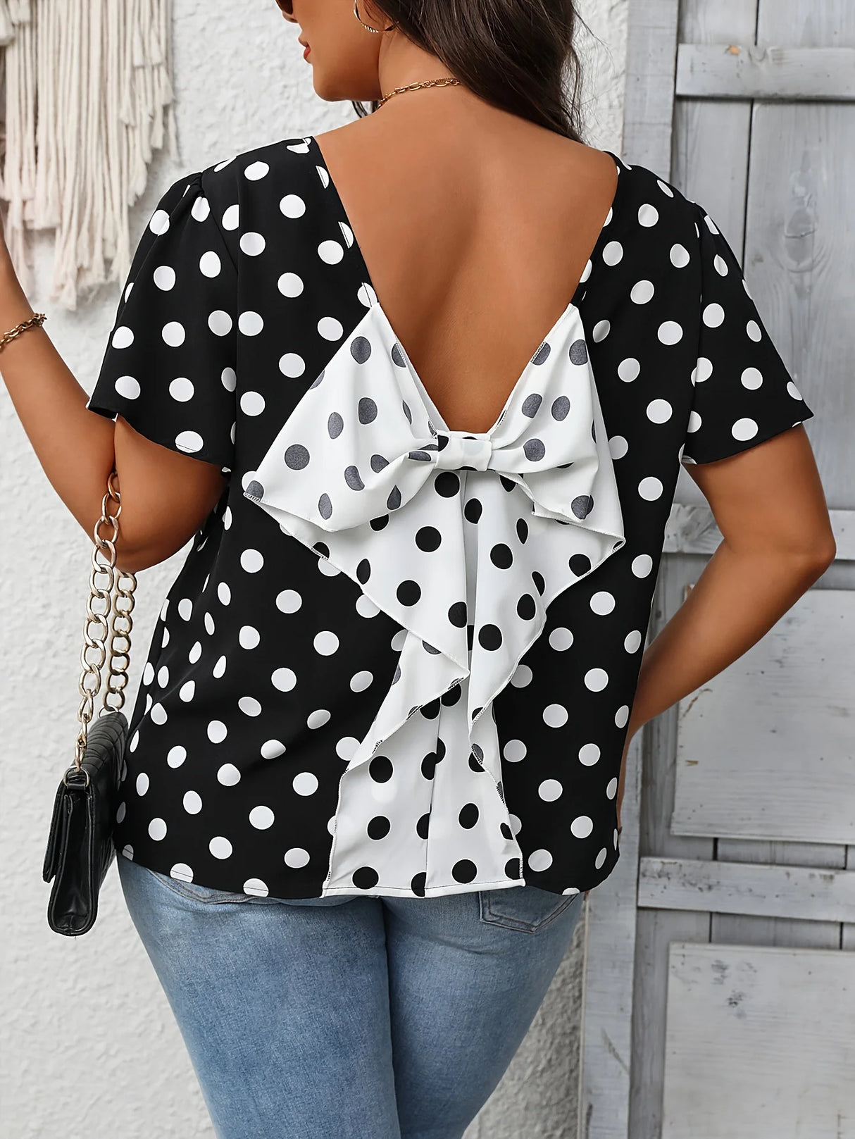 Women Plus Size Spot Print Bow Shirt