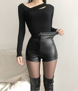 Women's Sexy Black Leather Shorts