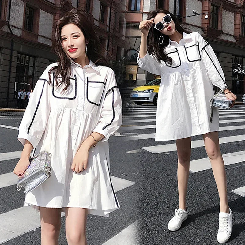 Solid color maternity shirt dress with pockets, perfect for summer beach parties, featuring a turn-down collar and relaxed fit.