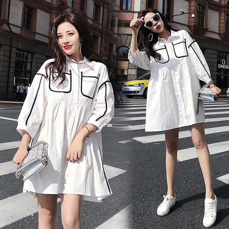 Solid color maternity shirt dress with pockets, perfect for summer beach parties, featuring a turn-down collar and relaxed fit.