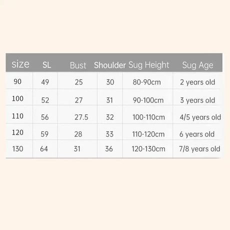 Size chart for kids' summer dresses, including age, height, bust, and shoulder measurements.