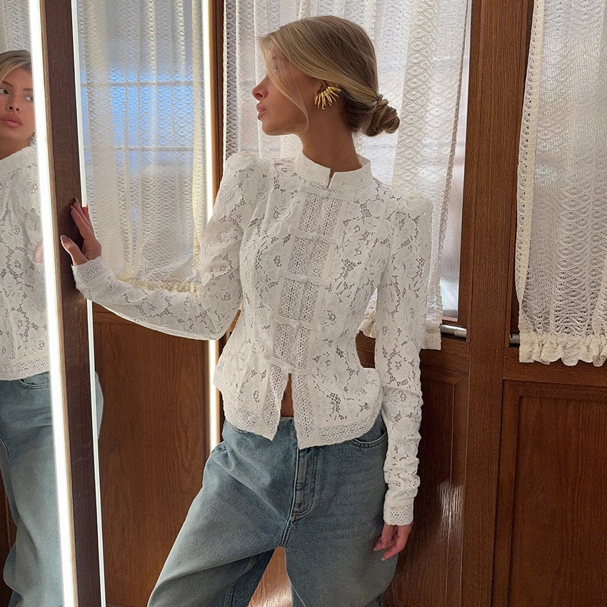 Lace Bloom Embroidered Puff Sleeve Blouse