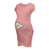 Loose casual maternity dress in natural color with cartoon print, designed for plus-size women, sleeveless, above knee length.