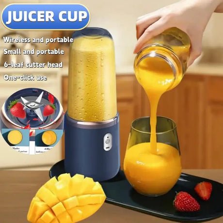 Portable juicer cup with 6-leaf cutter head, ideal for smoothies and juices, easy one-click operation.