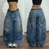 Y2K Multi-Pocket Washed Wide Leg Jeans for Women