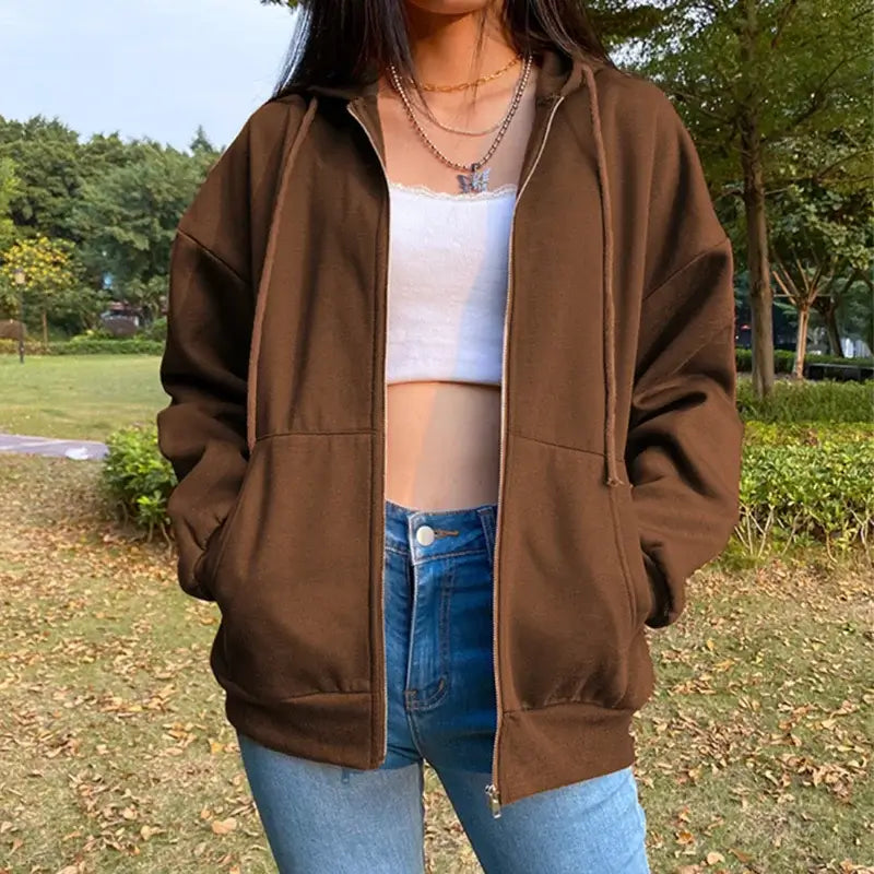 Women Fleece Hoodie Solid Color Zip Up Sweatshirt