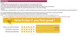 Order notice detailing shipping policy, customer satisfaction guarantee, and feedback request with star ratings.