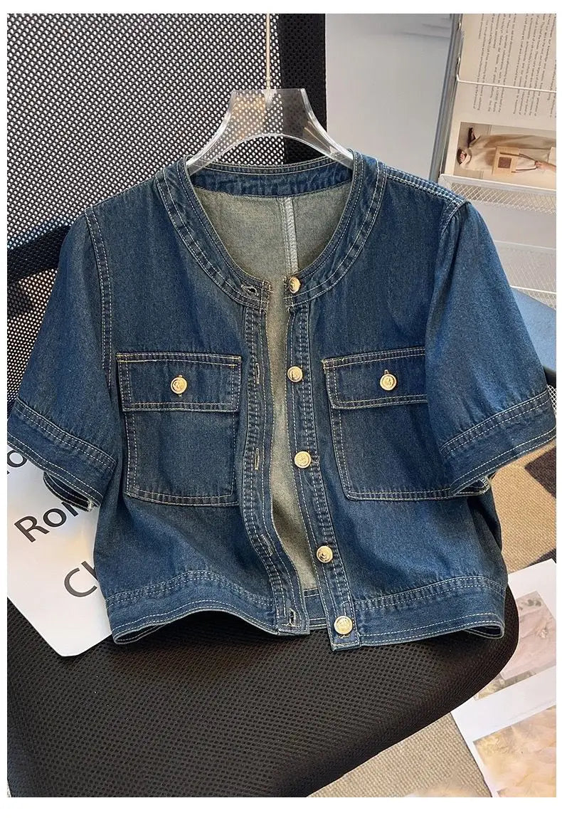 Women's Short Sleeve Denim Cropped Jacket