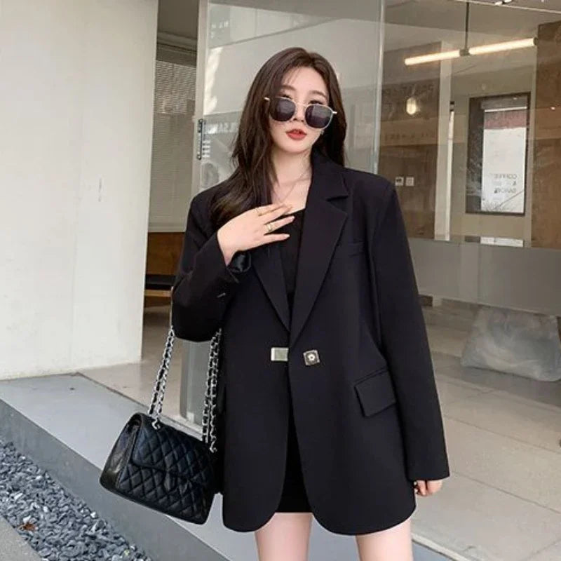 DrapeForm™ – Longline Loose Blazer (Youthful Black Jacket, Layered Elegance)