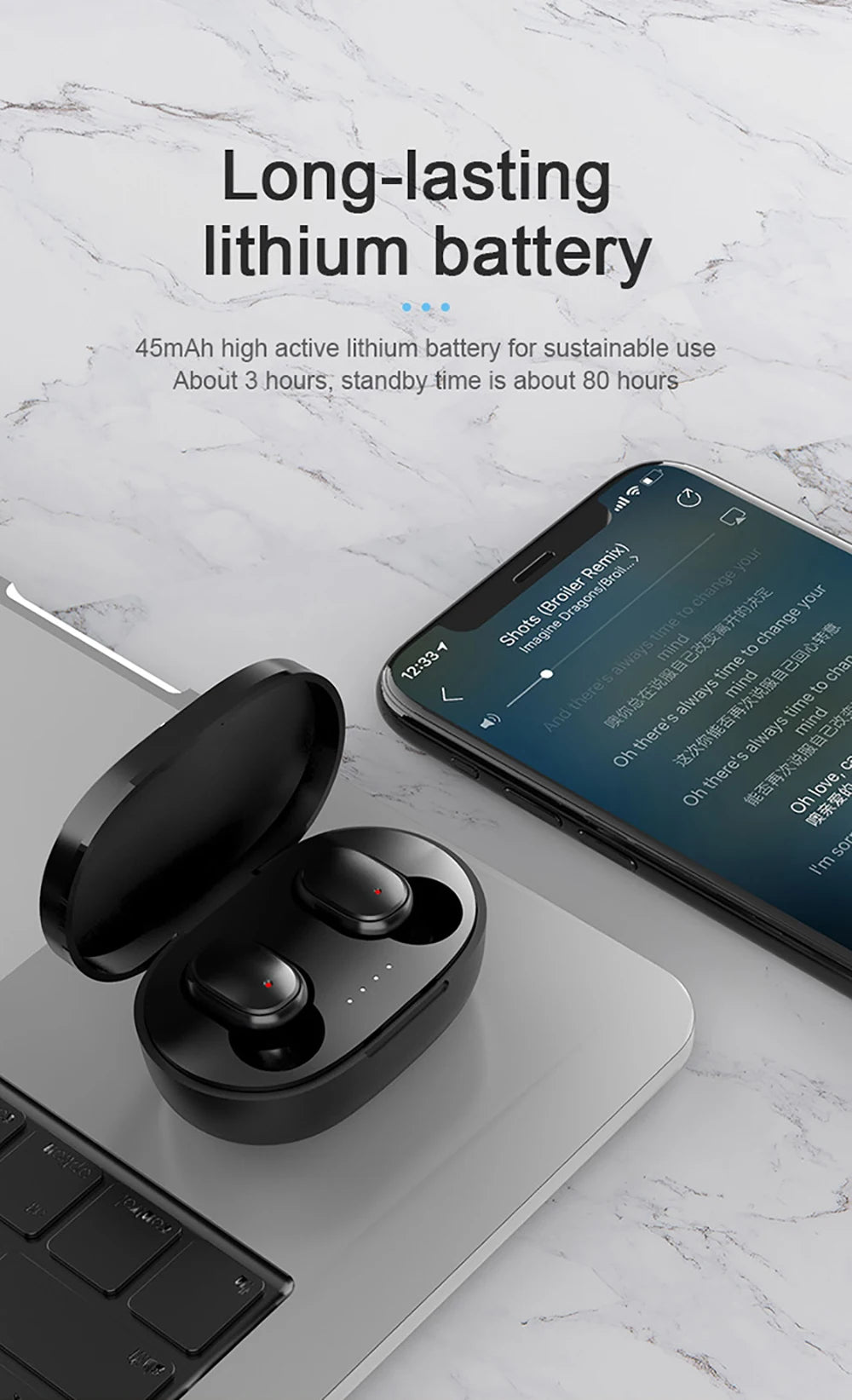 TWS A6S Wireless Bluetooth Headset with long-lasting lithium battery, charging case, and smartphone on the side.