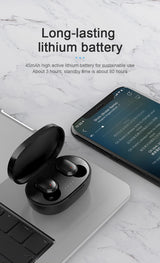 TWS A6S Wireless Bluetooth Headset with long-lasting lithium battery, charging case, and smartphone on the side.