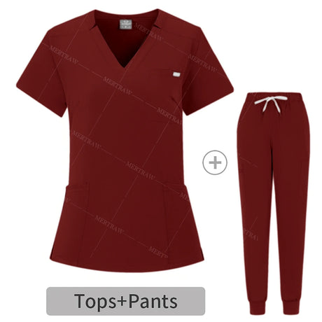Burgundy summer breathable coveralls set for women, includes scrub top and pants, ideal for medical and beauty professionals.