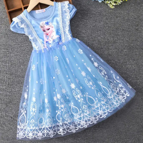 Girls summer flying sleeve dress featuring cartoon print, knee-length, and cotton material for ages 4-6Y.
