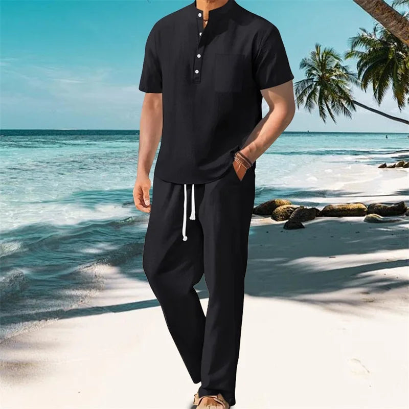 Men Henley Shirt Pants Set