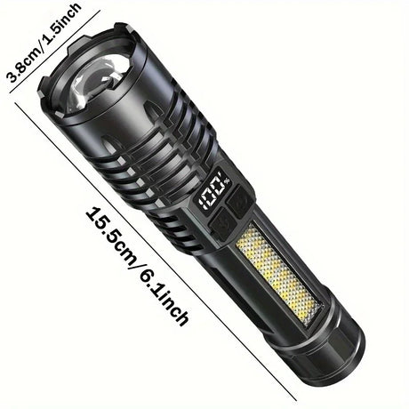 High power rechargeable LED flashlight with adjustable focal length, black design, and sizing dimensions