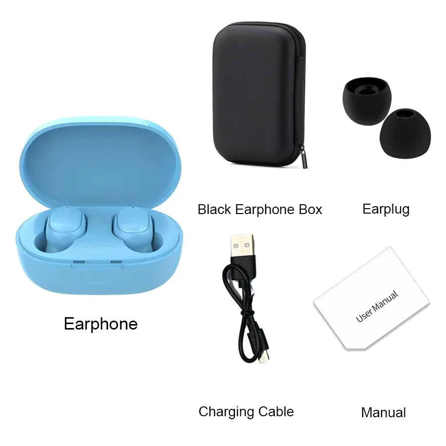 TWS A6S Wireless Bluetooth Headset in blue case, includes black earphone box, earplugs, charging cable, and user manual.