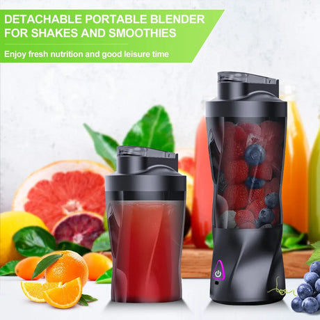 Detachable portable blender for shakes and smoothies with vibrant fruits and beverages in the background.