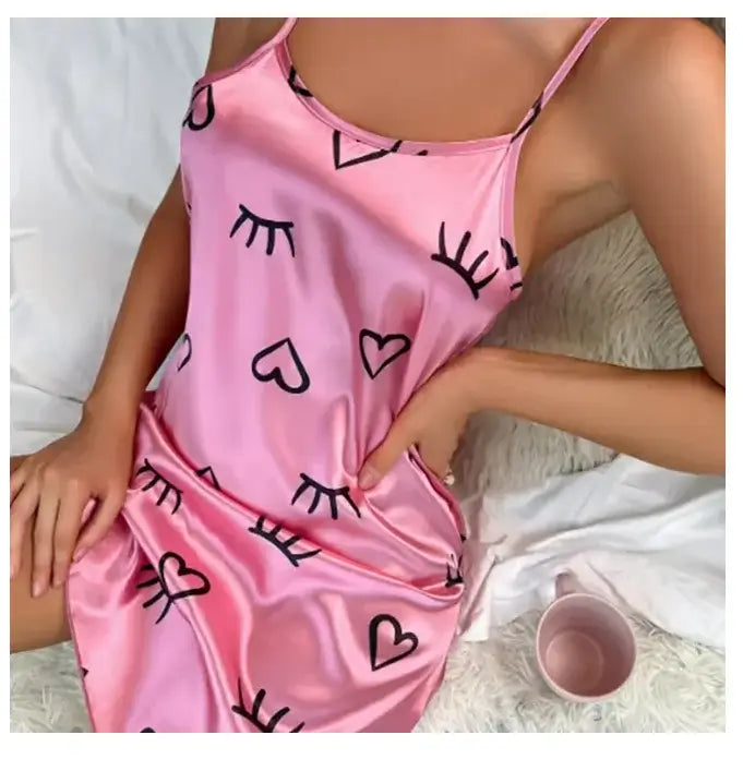 Women Black Floral Nightdress Satin Sleepshirt Casual