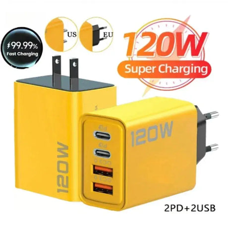 120W USB Type C fast charger with multiple ports, featuring quick charge technology and compact design for all devices.
