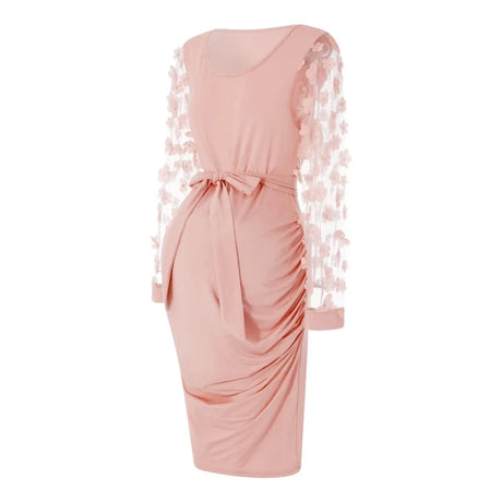 Vintage mesh floral maternity gown in soft pink, featuring full lace sleeves and a stylish belt, perfect for photo shoots.