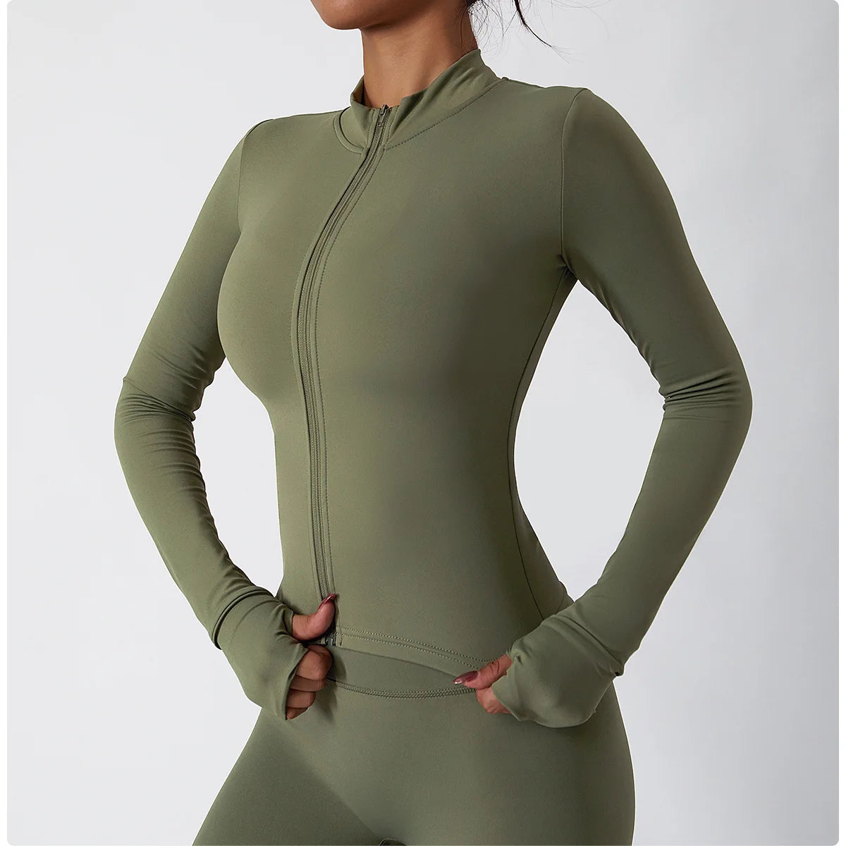 Women's Zip Long Sleeve Yoga Jacket – Slim Fit Gym Training Top