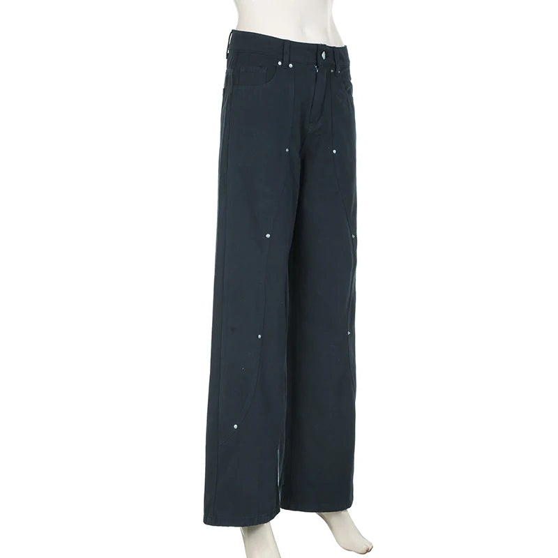 Women Low-Waist Rivet Wide Jeans